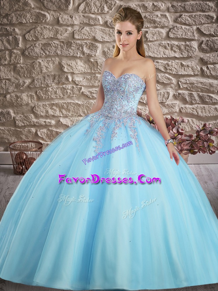 Trendy Aqua Blue Tulle Lace Up Quinceanera Dress Sleeveless Floor Length Appliques