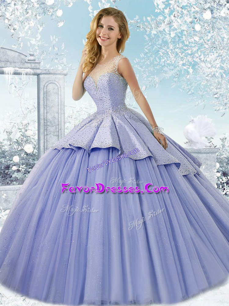 Designer Sleeveless Tulle Brush Train Lace Up Vestidos de Quinceanera in Lavender with Beading