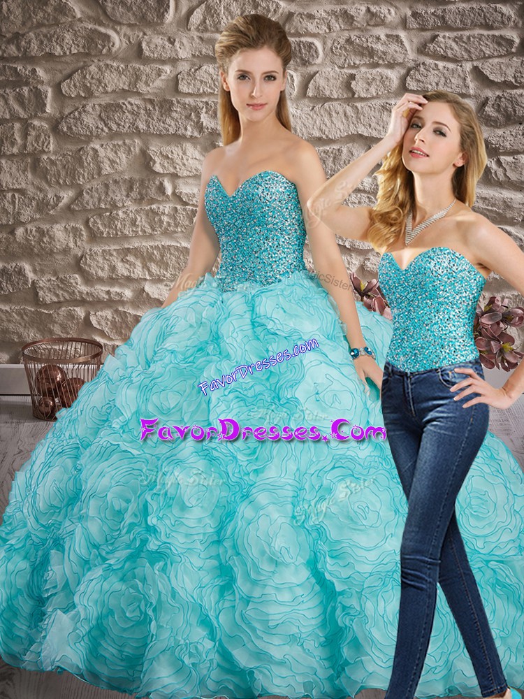  Fabric With Rolling Flowers Sleeveless Quinceanera Gowns Brush Train and Beading