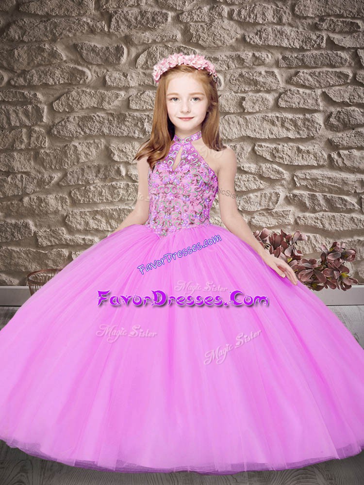Charming Lilac Lace Up Little Girl Pageant Gowns Embroidery Sleeveless Sweep Train