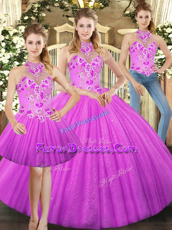 Custom Designed Tulle Halter Top Sleeveless Lace Up Embroidery Quinceanera Gowns in Lilac