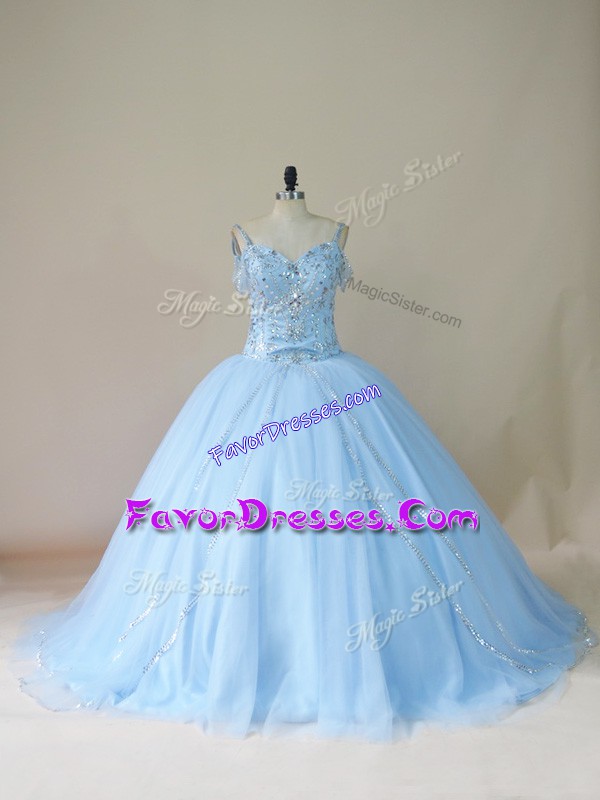  Ball Gowns Sleeveless Light Blue Quinceanera Gown Brush Train Lace Up