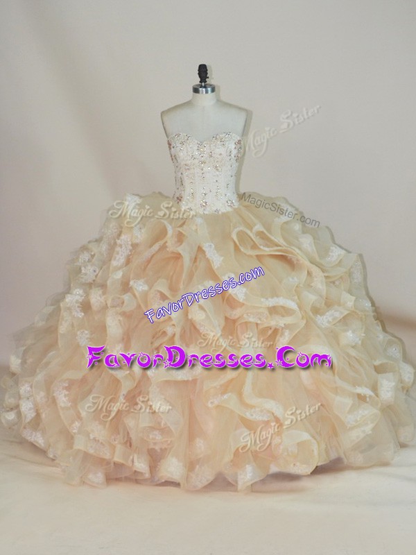  Floor Length Champagne Sweet 16 Dress Sweetheart Sleeveless Lace Up