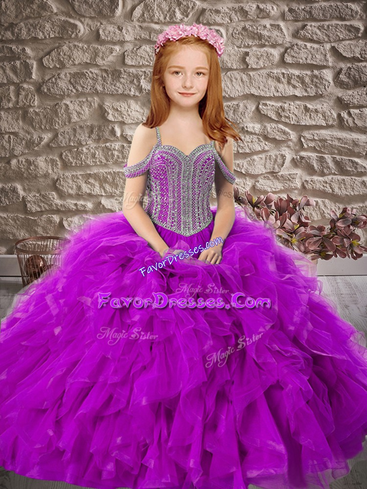 Eye-catching Floor Length Ball Gowns Sleeveless Purple Little Girls Pageant Dress Lace Up