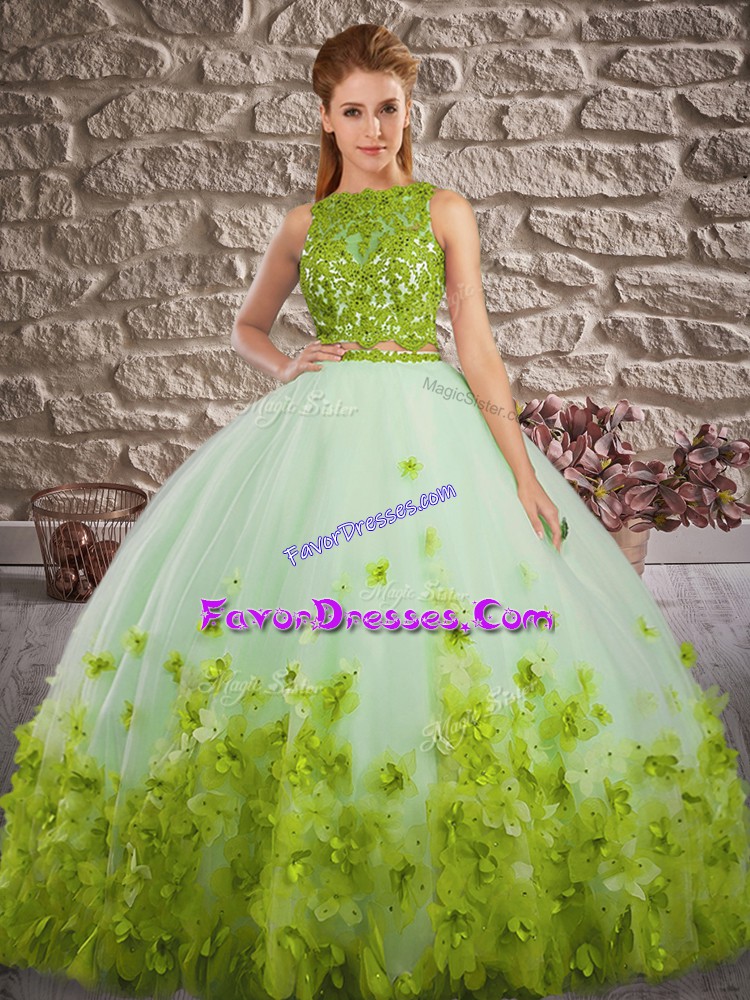 On Sale Scalloped Sleeveless Sweet 16 Dresses Floor Length Lace and Appliques Olive Green Tulle