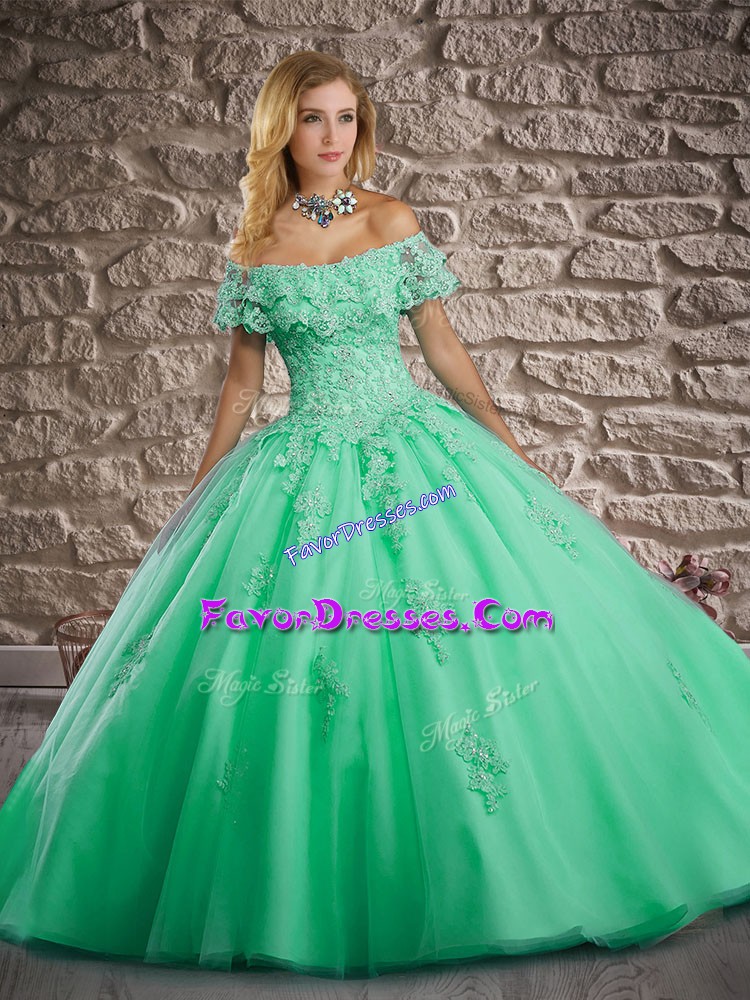 Colorful Turquoise Ball Gowns Tulle Off The Shoulder Short Sleeves Lace and Appliques Lace Up 15th Birthday Dress Brush Train