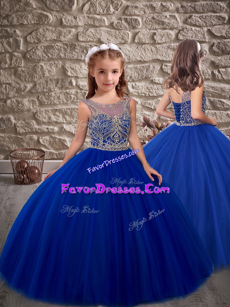 Custom Design Royal Blue Lace Up Scoop Beading Little Girls Pageant Gowns Tulle Sleeveless Sweep Train