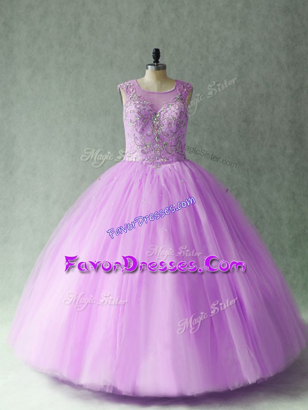 Sophisticated Lilac Tulle Lace Up Scoop Sleeveless Floor Length Sweet 16 Dresses Beading