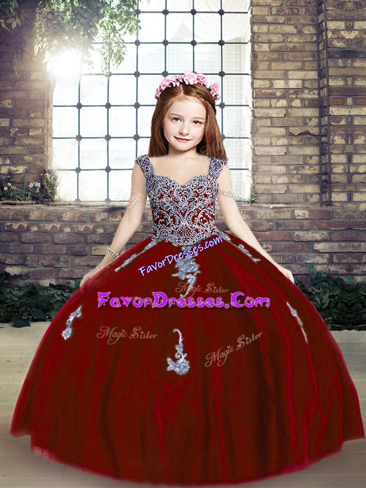  Floor Length Red Pageant Dress Toddler Straps Sleeveless Lace Up
