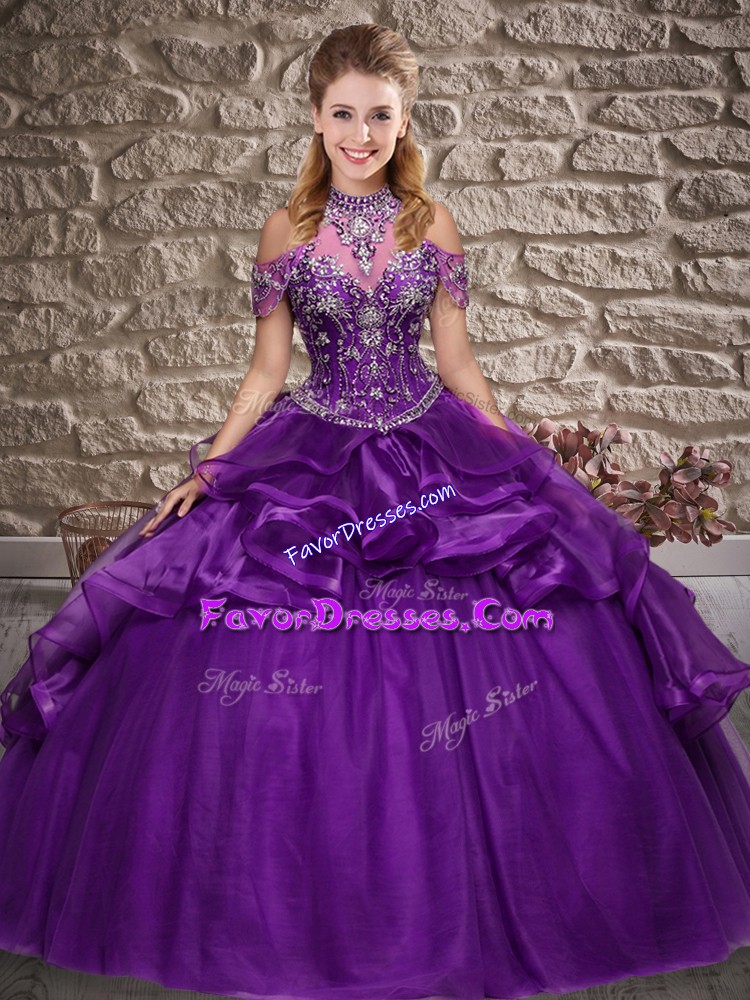  Purple 15th Birthday Dress Military Ball and Sweet 16 and Quinceanera with Beading and Ruffles Halter Top Sleeveless Lace Up