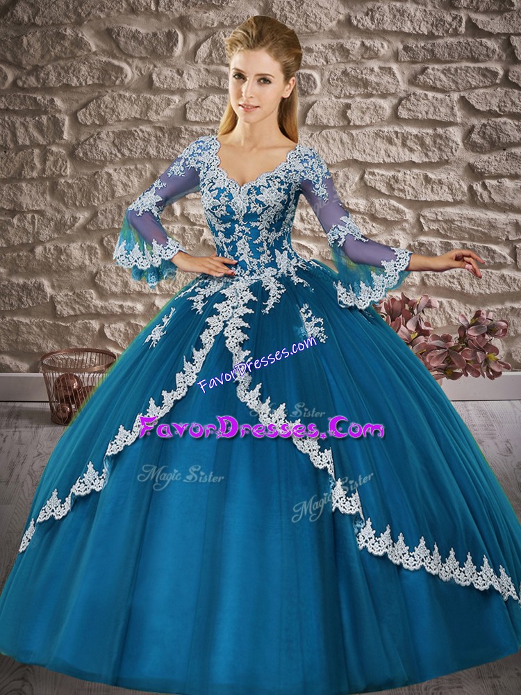  Floor Length Ball Gowns 3 4 Length Sleeve Blue Quinceanera Dresses Lace Up