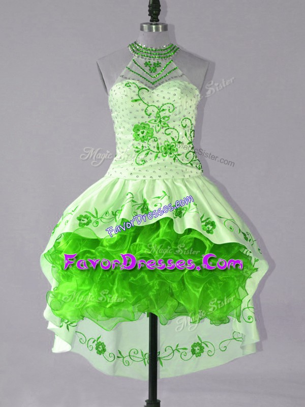  Sleeveless Satin and Organza High Low Lace Up Evening Dress in Green with Embroidery and Ruffles