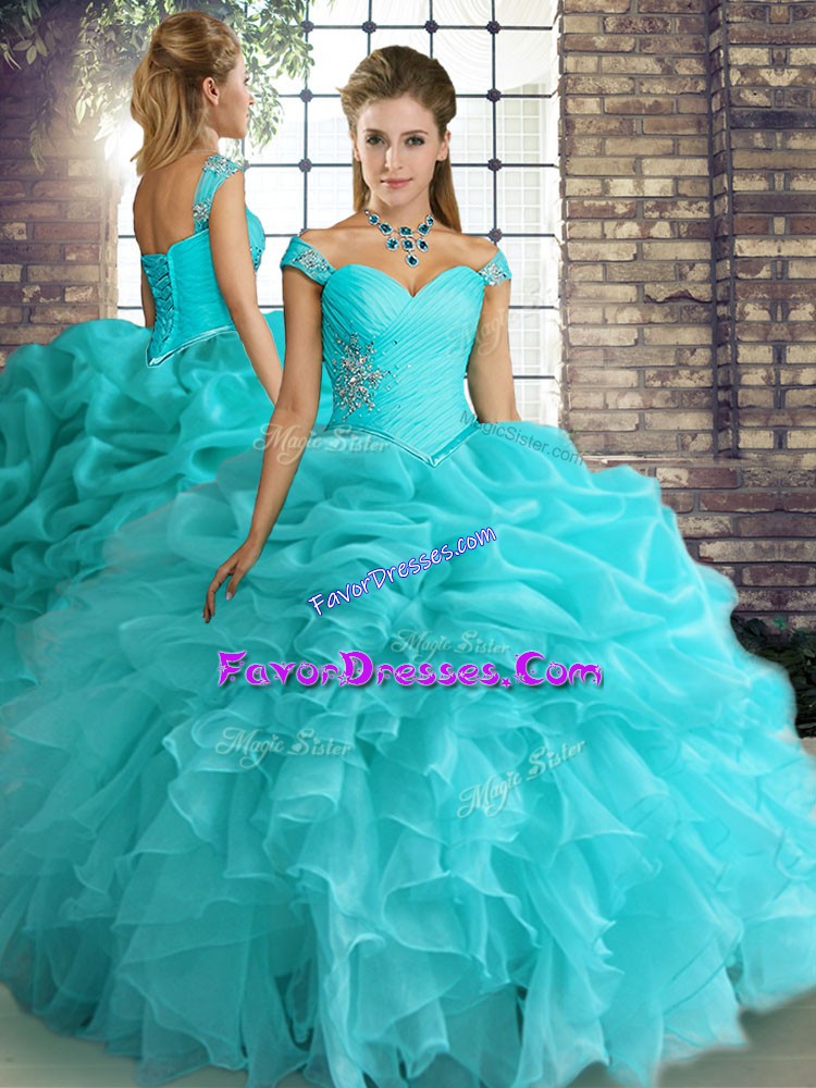 Sophisticated Aqua Blue Organza Lace Up Off The Shoulder Sleeveless Floor Length Quince Ball Gowns Beading and Ruffles and Pick Ups