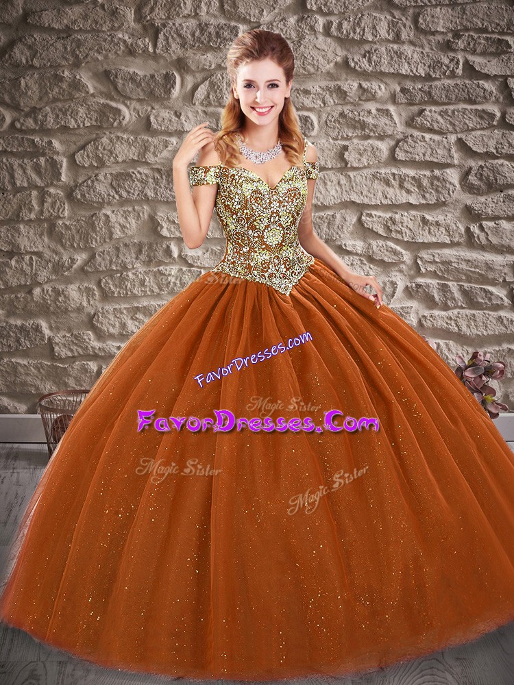 Dynamic Brown Lace Up Off The Shoulder Beading Quinceanera Gown Tulle Sleeveless
