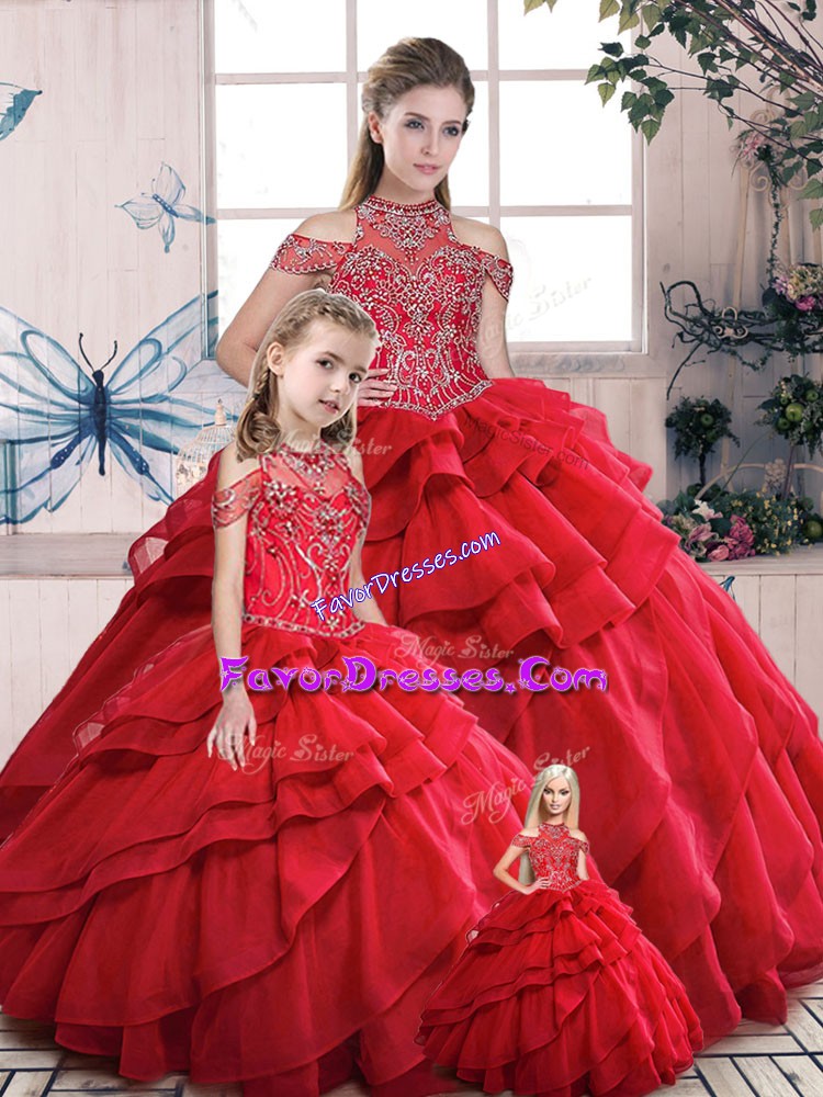 Deluxe Floor Length Lace Up Vestidos de Quinceanera Red for Sweet 16 and Quinceanera with Beading and Ruffles