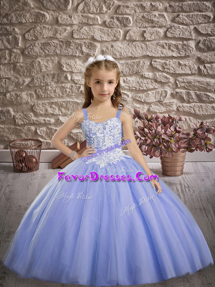 Great Straps Sleeveless Pageant Dress for Teens Sweep Train Appliques Lavender Tulle