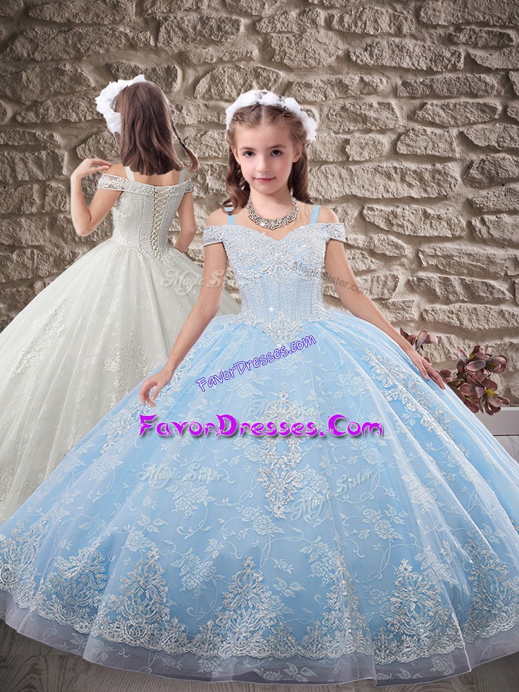  Sleeveless Beading and Appliques Lace Up Little Girl Pageant Dress with Light Blue Sweep Train