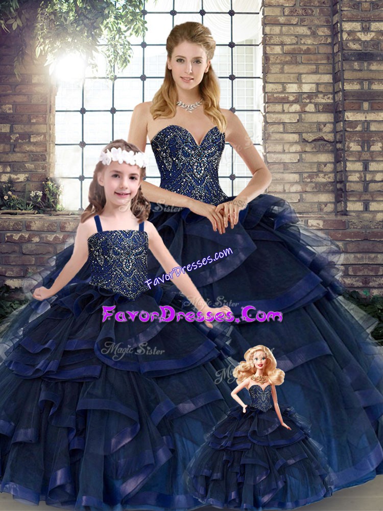 Clearance Navy Blue Sleeveless Floor Length Beading and Ruffles Lace Up Quince Ball Gowns