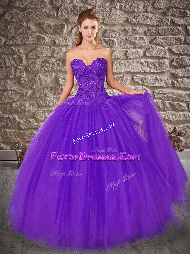 Lovely Purple Lace Up Sweetheart Embroidery Quinceanera Dress Tulle Sleeveless Brush Train