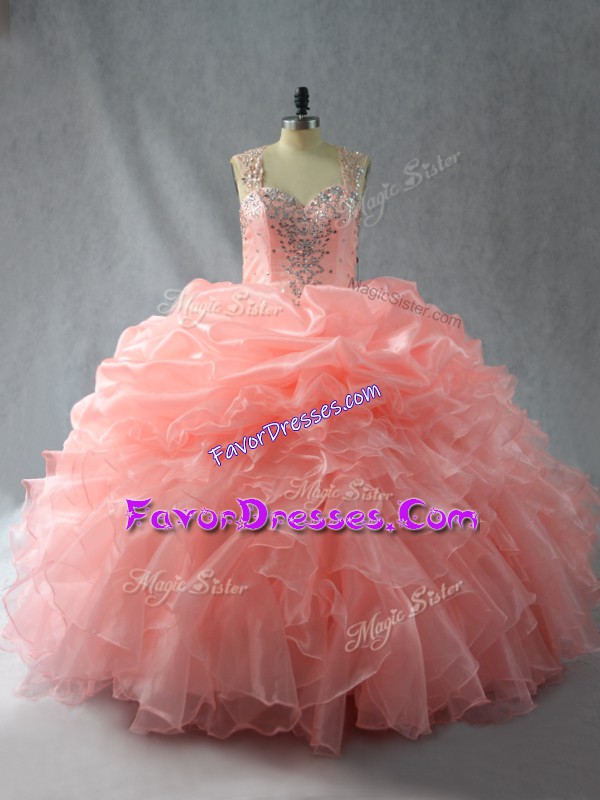 Fashion Peach Ball Gowns Beading and Ruffles and Pick Ups Sweet 16 Quinceanera Dress Zipper Organza Sleeveless Floor Length