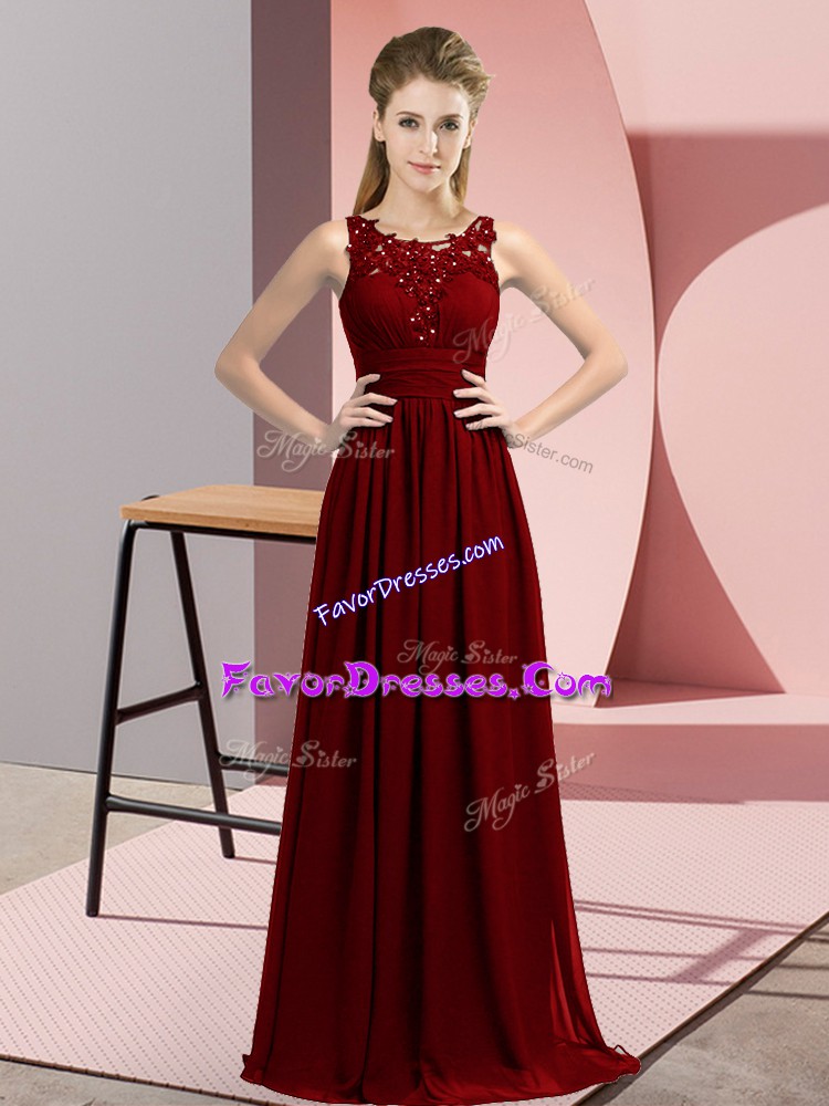 Admirable Floor Length Burgundy Bridesmaid Gown Scoop Sleeveless Zipper