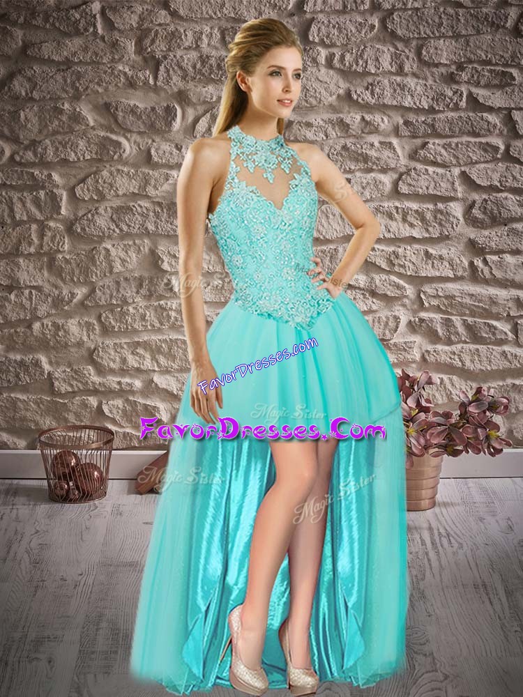  Sleeveless Tulle High Low Lace Up Homecoming Dress in Aqua Blue with Beading and Lace