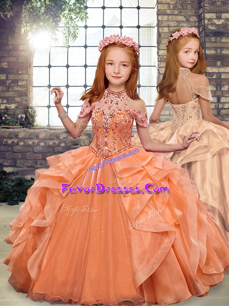  Ball Gowns Little Girls Pageant Dress Wholesale Orange High-neck Organza Sleeveless Floor Length Lace Up