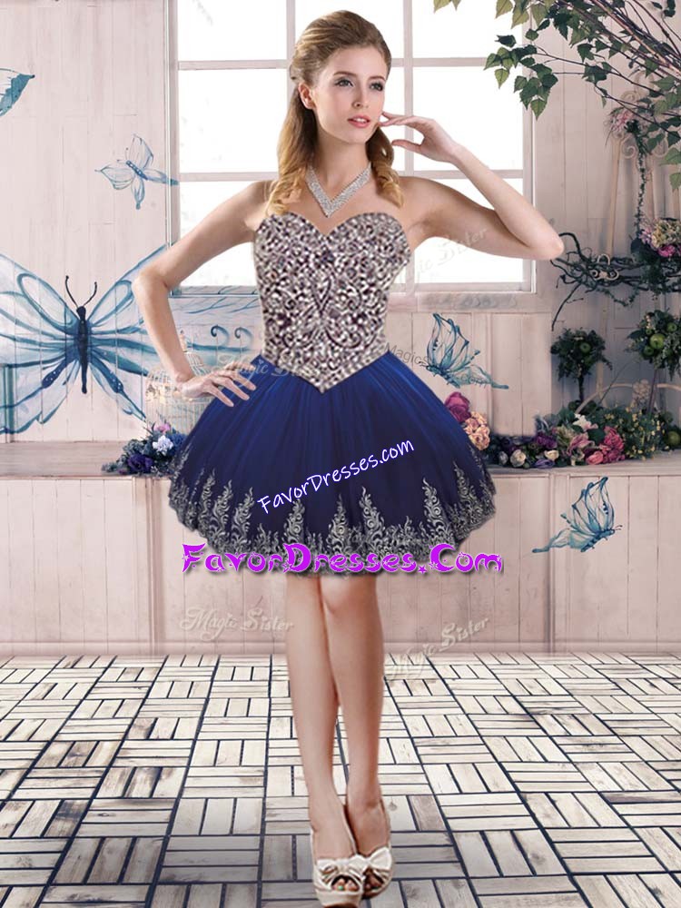 Comfortable Sweetheart Sleeveless Homecoming Dress Mini Length Beading and Embroidery Royal Blue Tulle