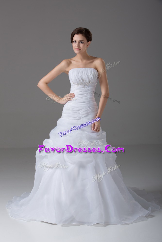 Enchanting White A-line Strapless Sleeveless Organza Brush Train Lace Up Beading and Pick Ups Wedding Gown