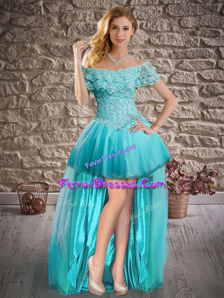  Aqua Blue Homecoming Dress Prom and Party with Lace Off The Shoulder Short Sleeves Lace Up