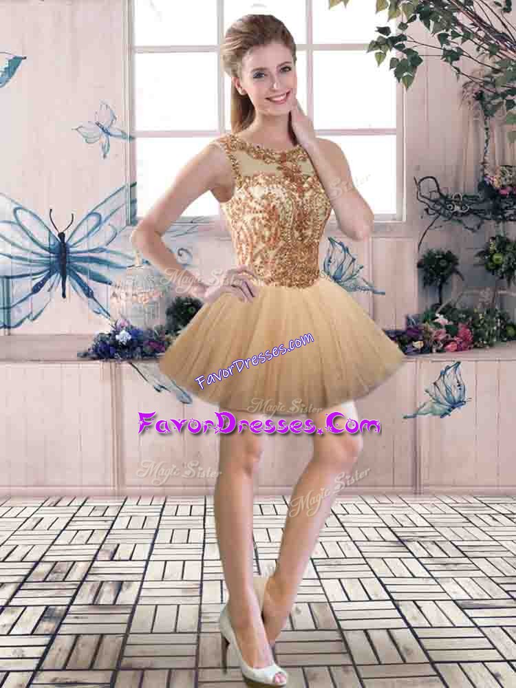 Excellent Champagne Scoop Neckline Beading Prom Party Dress Sleeveless Backless