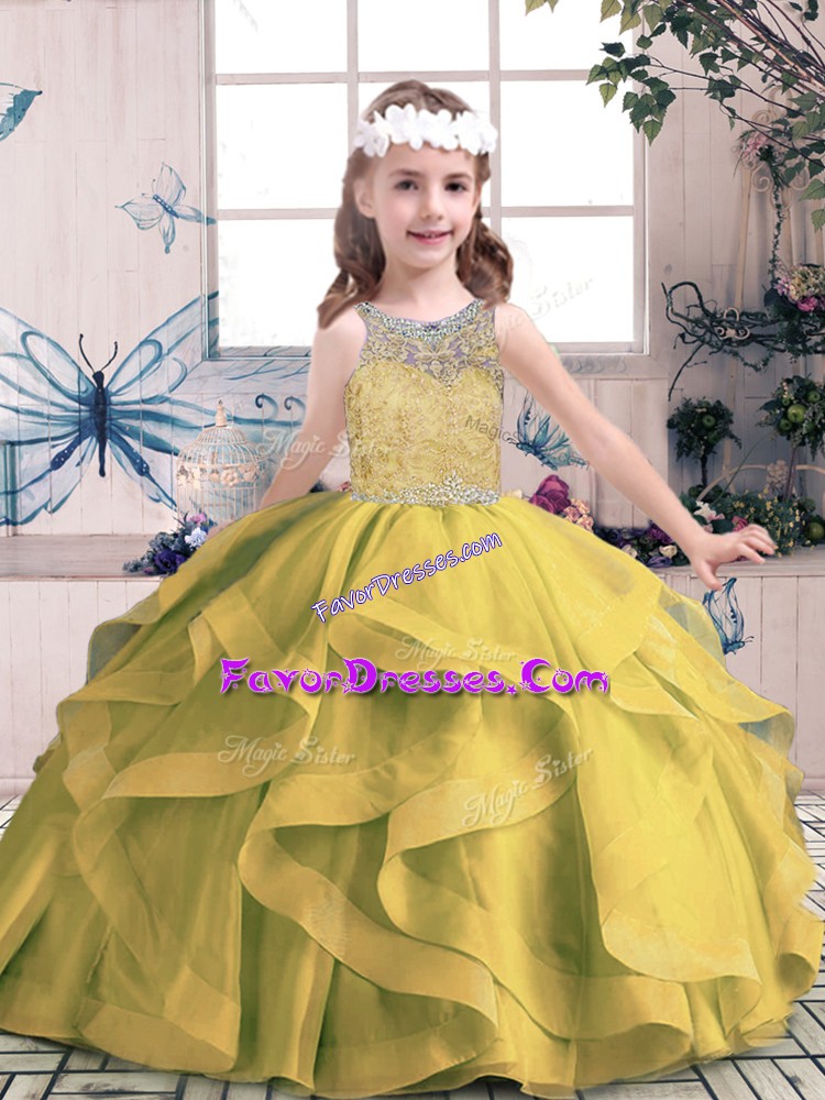 Latest Floor Length Olive Green Little Girls Pageant Gowns Tulle Sleeveless Beading and Ruffles
