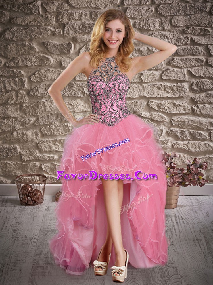 Ideal Rose Pink Lace Up Prom Evening Gown Beading and Ruffles Sleeveless High Low