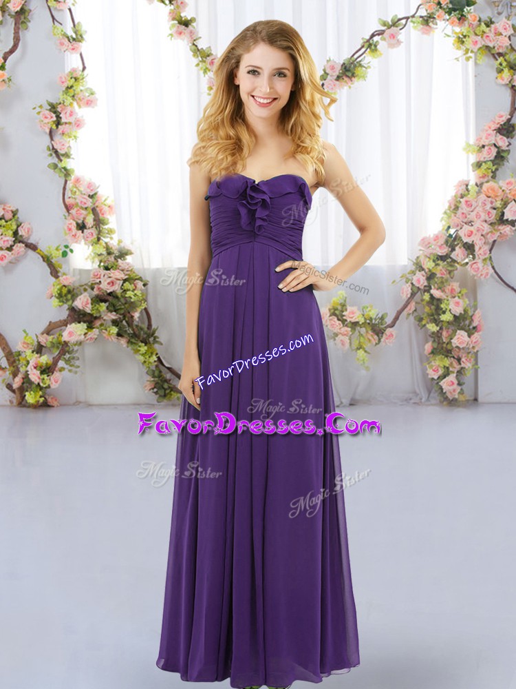 Most Popular Sweetheart Sleeveless Bridesmaid Dresses Floor Length Ruffles Purple Chiffon