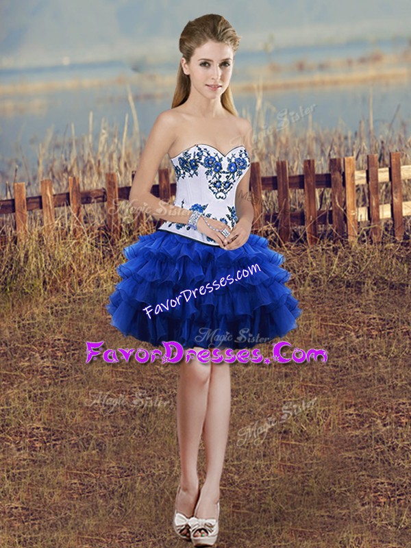 On Sale Royal Blue Organza Lace Up Sweetheart Sleeveless Mini Length Dress for Prom Embroidery and Ruffled Layers