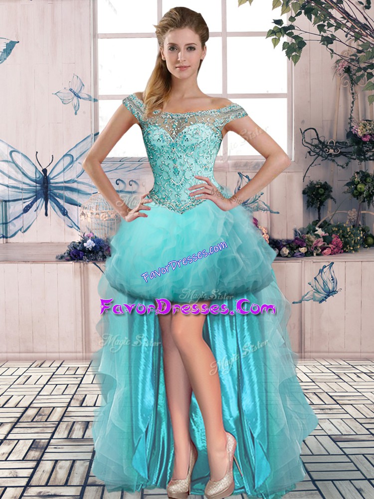 Trendy Tulle Off The Shoulder Sleeveless Lace Up Beading and Ruffles Dress for Prom in Aqua Blue