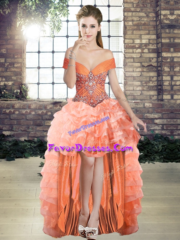 Ideal Off The Shoulder Sleeveless High Low Beading and Ruffled Layers Orange Organza