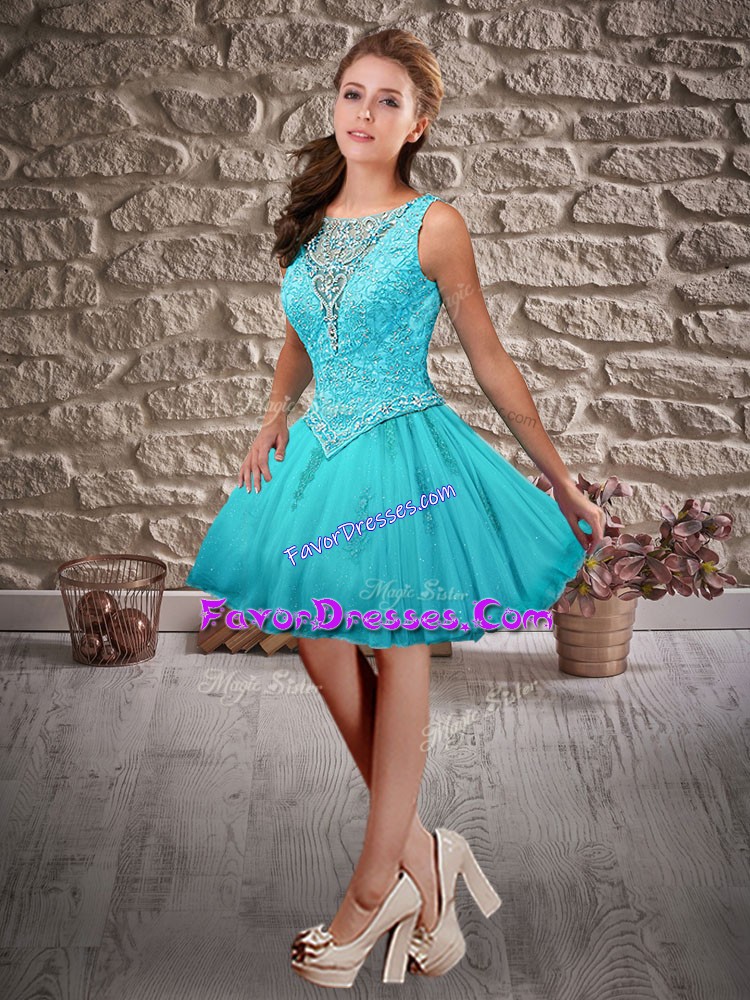  Scoop Sleeveless Prom Dresses Mini Length Beading and Appliques Aqua Blue Tulle