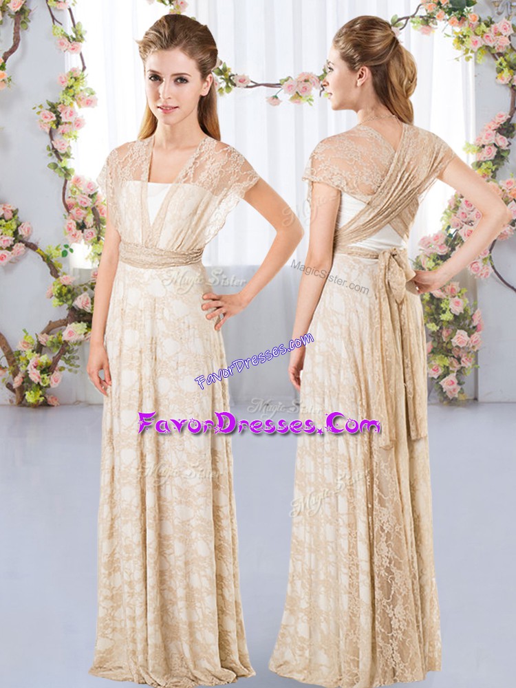  Floor Length Champagne Bridesmaids Dress Lace Short Sleeves Lace