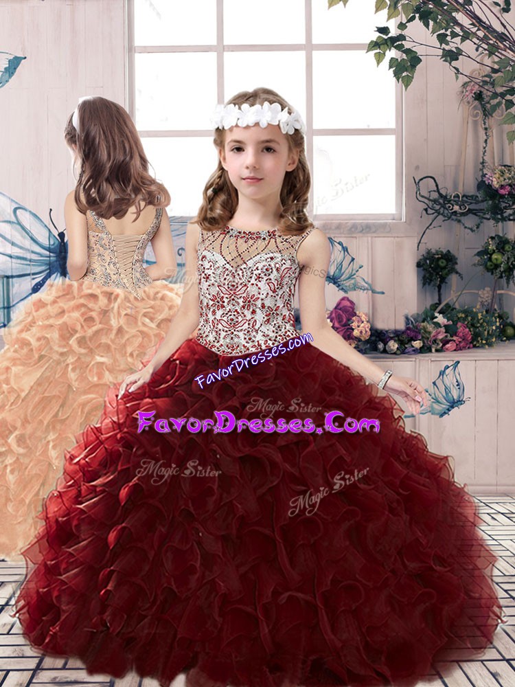 Burgundy Lace Up Scoop Beading and Ruffles Little Girl Pageant Dress Organza Sleeveless