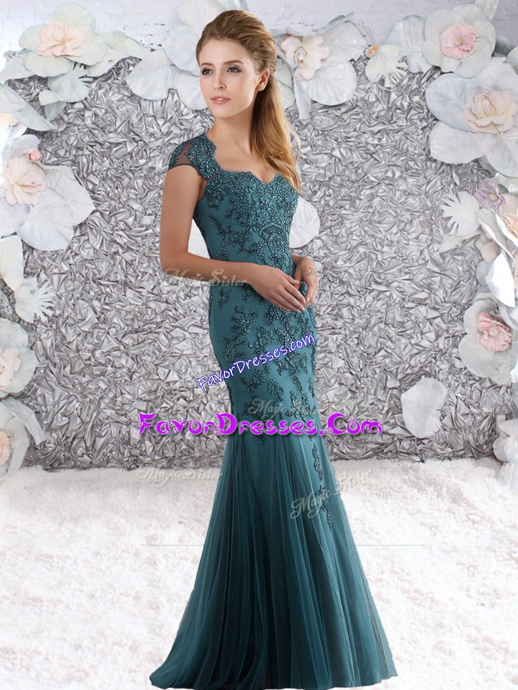  Teal Zipper Straps Appliques Prom Gown Tulle Cap Sleeves
