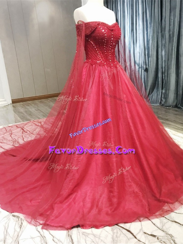 On Sale Coral Red Zipper Strapless Beading Wedding Gowns Tulle Sleeveless Court Train