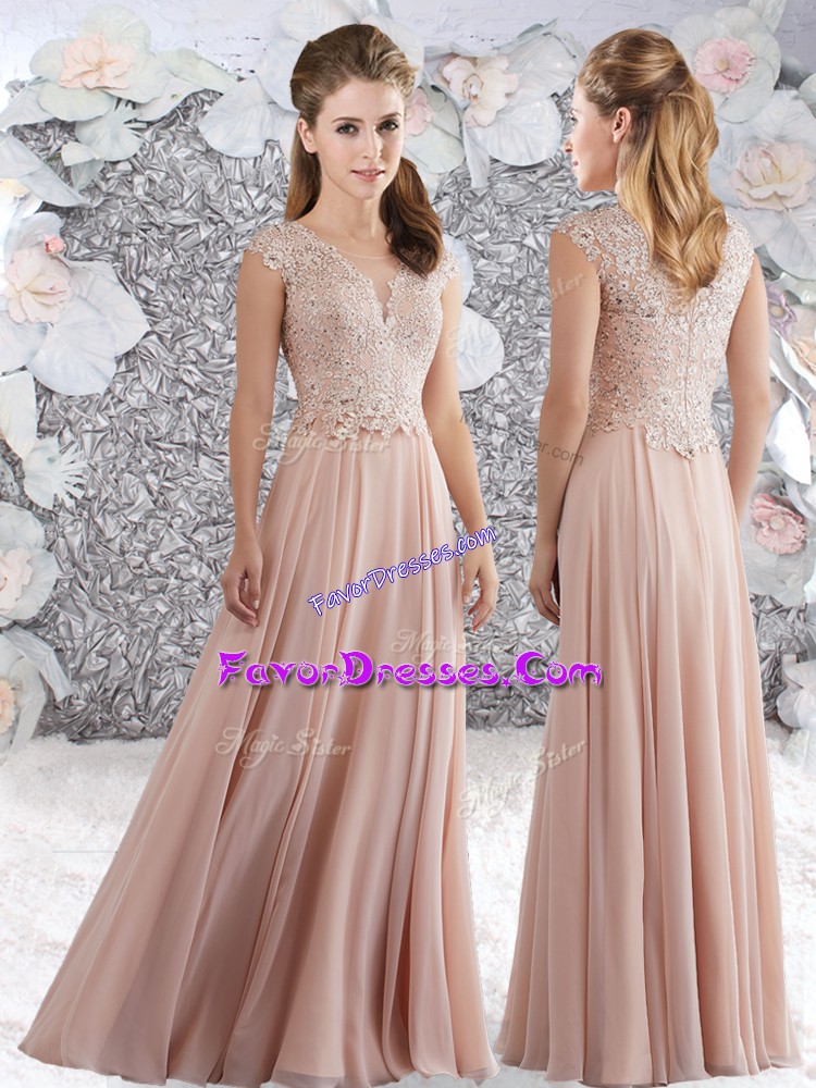  Chiffon Scoop Sleeveless Zipper Beading and Lace Prom Evening Gown in Pink 
