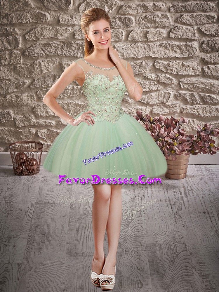 Excellent Scoop Sleeveless Prom Dress Mini Length Beading Apple Green Tulle