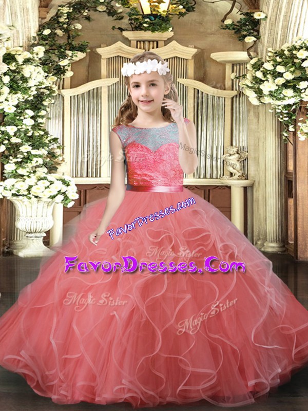  Watermelon Red Tulle Backless Kids Formal Wear Sleeveless Floor Length Lace and Ruffles