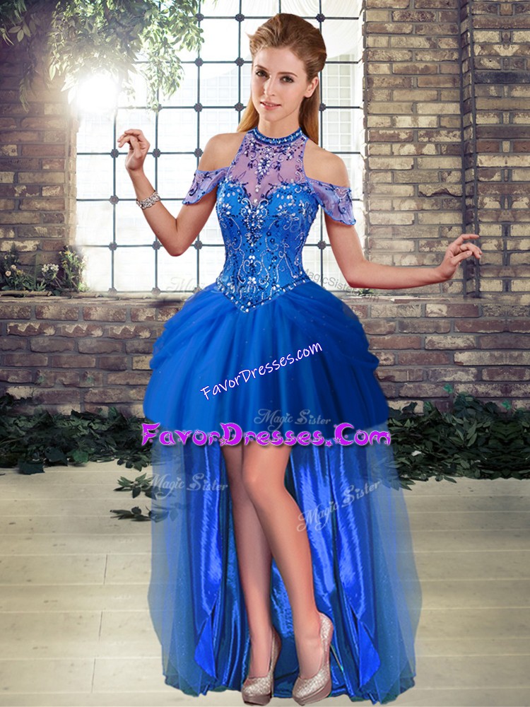  A-line Prom Evening Gown Royal Blue Halter Top Sleeveless High Low Lace Up