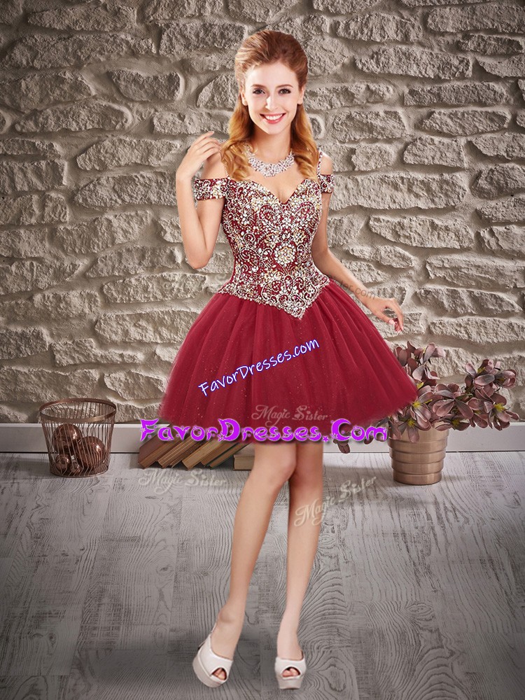  Mini Length Burgundy Prom Dresses Off The Shoulder Sleeveless Lace Up