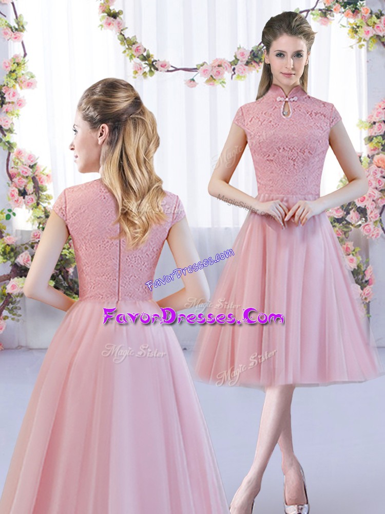  Pink Tulle Zipper High-neck Cap Sleeves Tea Length Bridesmaids Dress Lace