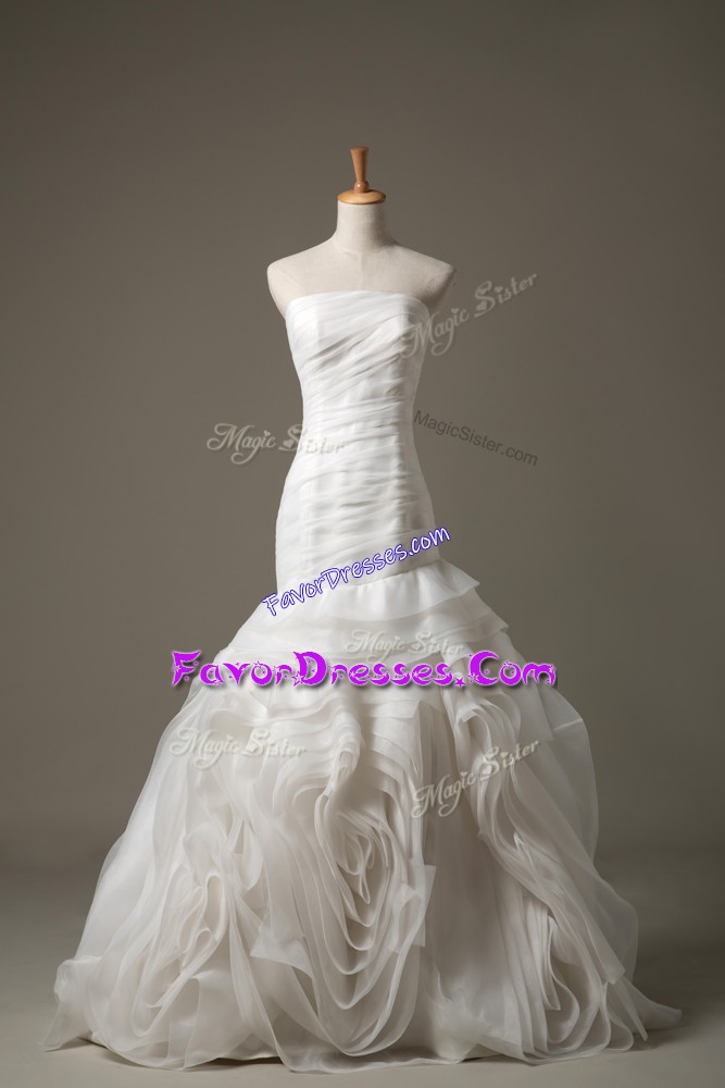 Customized White Wedding Dresses Wedding Party with Ruching Strapless Sleeveless Brush Train Lace Up