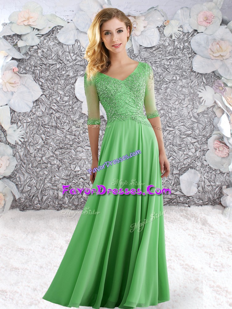  Green Chiffon Zipper Prom Dress Half Sleeves Floor Length Beading